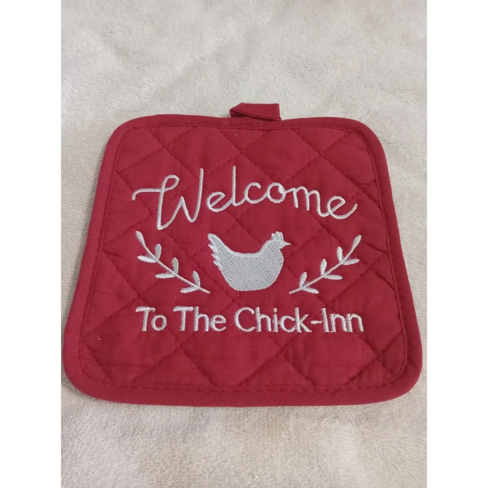 Funny Kitchen Pot Holder Set Embroidered‎ Sayings Red Quilted Potholder